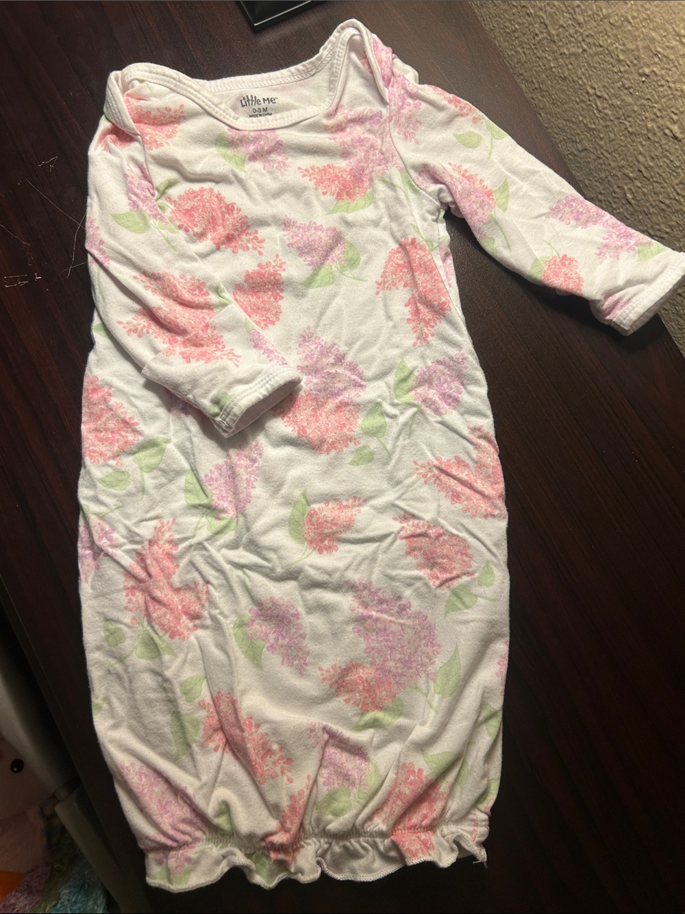 Little Me White Gown with Pink Floral and Green Leaves